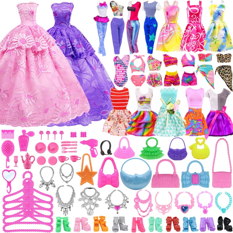 Ecore Fun Fashion Doll Closet Wardrobe for Doll Clothes and Accessories Storage - Lot 102 Items Include Clothes, Dresses, Shoes, Bags, Necklace, Shoes Rack, Hangers for 11.5 Inch Girl Doll Clothes - Image 5